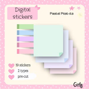 May include: Digital stickers with a pastel color scheme. The stickers are shaped like post-it notes and are pre-cut. There are 19 stickers in total, with 2 different types.
