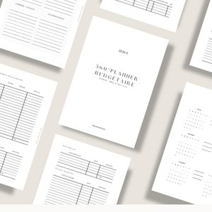 May include: A black and white printable planner with the text "Planner Annuel 2024" at the bottom. The planner includes pages for monthly and yearly goals, a budget planner, and monthly calendars.