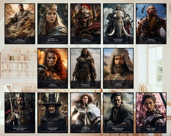 Könnte beinhalten: Eine Collage aus 10 Postern mit historischen Persönlichkeiten aus verschiedenen Epochen und Kulturen. Jedes Poster zeigt ein Porträt der Person, ihren Namen und die Zeit, in der sie lebte. Die Poster sind in einem Raster auf einer Wand angeordnet.
