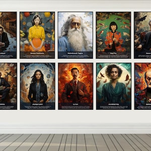 May include: A collection of ten framed art prints, each displaying a portrait of a writer with their name beneath. The artworks are painted in a vibrant, surreal style. Authors featured include Amy Tan, Kazuo Ishiguro, and Jhumpa Lahiri.