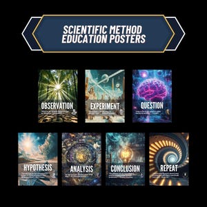 Puede incluir: Un conjunto de carteles educativos sobre un fondo negro, etiquetados como "Scientific Method Education Posters". Cada cartel ilustra un paso: Observación, Experimento, Pregunta, Hipótesis, Análisis, Conclusión y Repetición. Los carteles presentan ilustraciones vibrantes y detalladas.