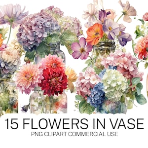 15 Blumen in Vase Clipart, hochwertige PNG mit transparentem Hintergrund, sofortiger Download und kommerzielle Nutzung