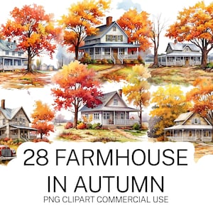 28 Farmhouse In Autumn Set Clipart, PNG Bundle, High-Quality Transparent Autumn Farmhouse PNG Images Instant, Download and Commercial Use