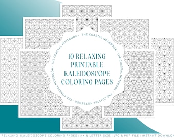 May include: Ten printable kaleidoscope coloring pages. The pages feature intricate geometric designs with a black and white color scheme. The text "The Coastal Notebook" appears on the top and bottom of the pages.
