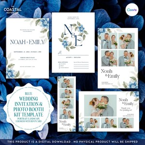 Peut inclure: Kit de modèle d'invitation de mariage et de photomaton bleu avec un motif floral. Le modèle comprend un design portrait et paysage avec une carte RSVP. Le texte sur l'invitation indique "Noah & Emily" et "Septembre 24, 20XX Dimanche 15h".