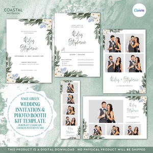 May include: Sage green wedding invitation and photo booth template kit with floral design. Includes portrait and landscape layouts, plus an RSVP card. The text reads "Sage Green Wedding Invitation & Photo Booth Kit Template. Portrait/Landscape 3 Designs with RSVP Card."