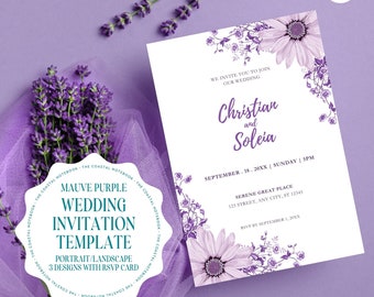 May include: Mauve purple wedding invitation template with floral design. The invitation features the text "Christian and Soleia" with the wedding date and time. The template is available in portrait and landscape formats and includes 3 designs with RSVP cards.
