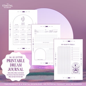 以下が含まれることがあります： 2024年、2025年、2026年のカレンダー、日付入りと日付なしのジャーナル、夢のスケッチボードが付いた印刷可能な夢のジャーナル。ジャーナルは、紫と白のカラーパレットで、花柄のデザインが施されています。