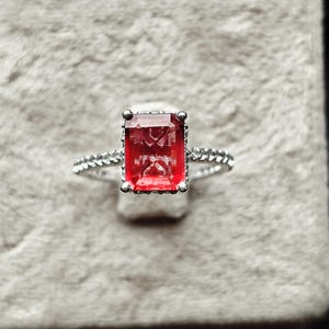 Bohemian Garnet Ring | Radiant Cut Red January Birthstone Dainty Stacking Ring | Vintage Sterling Silver Jewelry Gift for Her