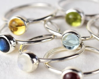 A single 6mm wide gemstone stacking ring 925 sterling silver featuring a lovely semi-precious shaped and polished gemstone of your choice.