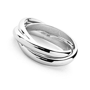 May include: A silver ring with three bands that are intertwined. The bands are smooth and polished.