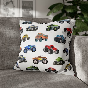Kids Monster Trucks Spun Polyester Square Pillow Case, Kids bedroom decor, Kids playroom decor, Kids room decor