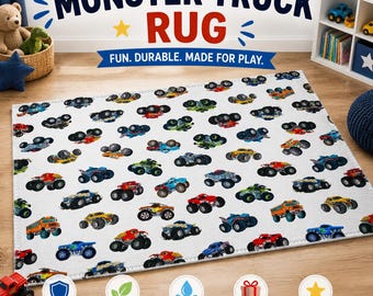Monster Truck Rug for Kids Room | Boys Playroom Decor | Truck Nursery Rug | Kids Play Mat | Race Car Room Decor | Fun Durable Rug