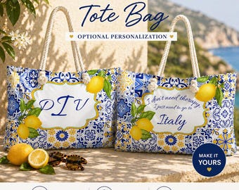 Personalized Mediterranean Lemon Weekender Bag, Italian Travel Tote, Custom Beach Bag, Amalfi Coast Vacation Tote