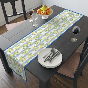 Italian blue mediterranean Lemon Print Table Runner, Vibrant Summer Décor, Gardening Events, Tablescapes, Picnics, Rustic Kitchen