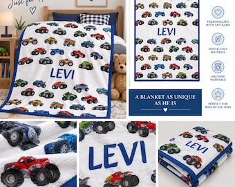 Personalized Monster Truck Velveteen Plush Blanket; kids room decor