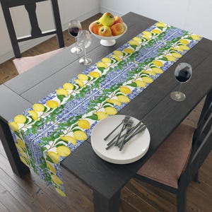 Italian blue mediterranean tile and Lemon Print Table Runner, Vibrant Summer Décor, Gardening Events, Tablescapes, Picnics, Rustic Kitchen