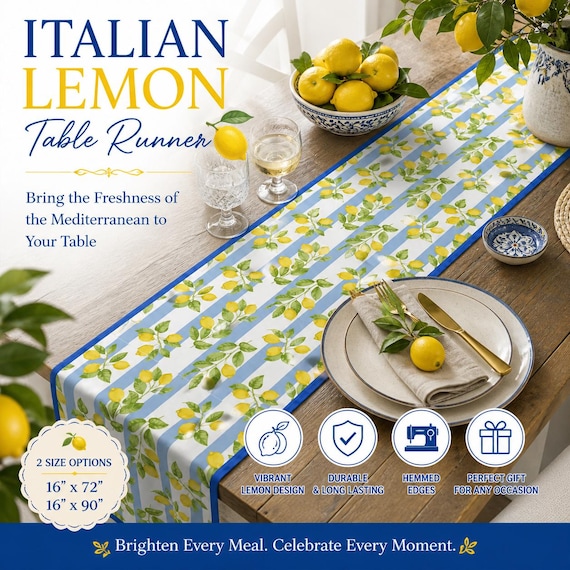 Amalfi Zitrone Tischläufer, Italienische Küche Dekor, Mediterran Blau Fliesen Tischläufer, Zitrone Esstisch Dekor Geschenk