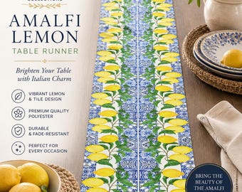 Amalfi Lemon Table Runner, Italian Kitchen Decor, Mediterranean Blue Tile Table Runner, Lemon Dining Room Decor