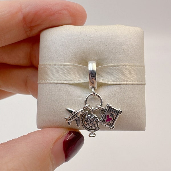 Vliegtuig, wereldbol en koffer Dangle Charm, bedels voor armband, zilverkleurige armbandbedels