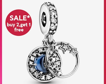 Blue Night Sky Crescent Moon & Stars Dangle Charm, dijes de pulsera de plata, dijes para pulsera, regalo para niñas