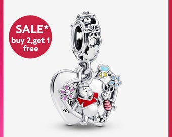 Winnie the Pooh & Piglet Double Dangle Charm, amuletos de pulsera de plata, amuletos para pulsera, regalo para niñas