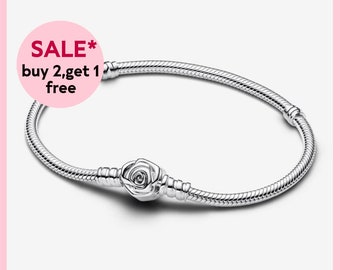 Bracelet chaîne serpent avec fermoir rose en fleurs, bracelet argent, bracelet à breloques, cadeaux de Noël