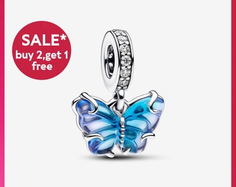 Charm pendant papillon en verre de Murano bleu, breloques en argent, breloques pour bracelet, cadeau pour les filles