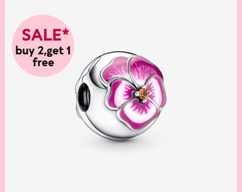 Pink Pansy Flower Clip Charm,Silver charm,bracelet charms,charms for bracelet,Gift for girls