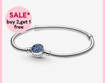 Sparkling Blue Disc Clasp Snake Chain Bracelet,Sliver Bracelet,Charm Bracelet,Christmas Gifts