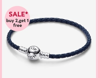 Round Clasp Blue Braided Leather Bracelet,Sliver Bracelet,Charm Bracelet,Christmas Gifts