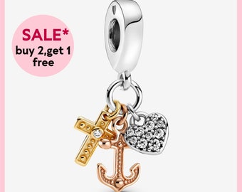 Triple-tone Cross, Heart, & Anchor Dangle Charm,Silver charm,bracelet charms,charms for bracelet,Gift for girls