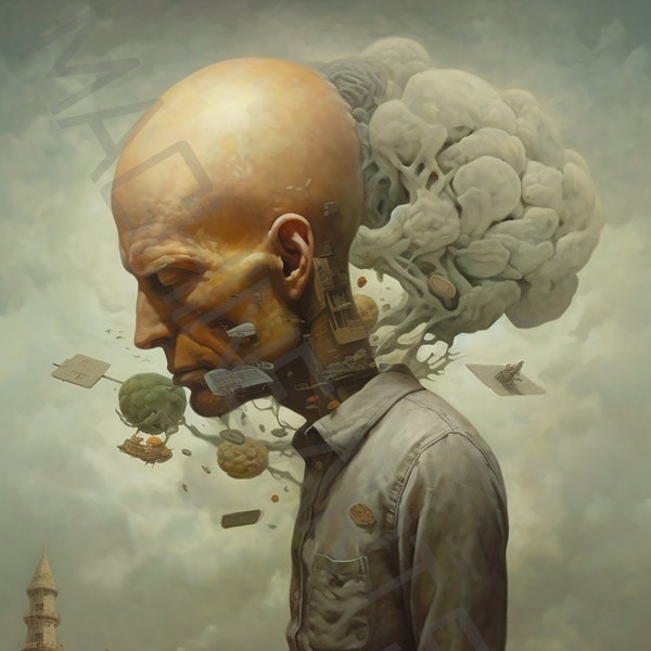 Brain Fog -ONE of a Kind, Imprimable, Art numérique, Surréaliste, Satirique, Caricatures, Détails surréalistes, Poster Art