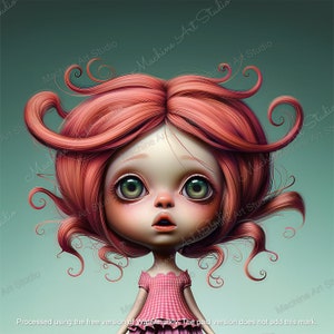 May include: A digital illustration of a girl with pink hair styled in large curls. She has large green eyes and is wearing a pink and white gingham dress. The background is a light teal color.