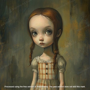 May include: A painting of a young girl with red hair, wearing a white and orange checkered dress with a lace collar. She has large, expressive eyes and a serious expression. The background is a textured, green and brown wall.