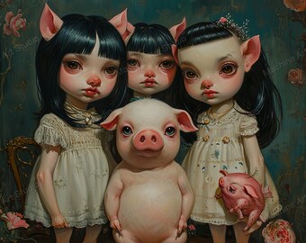 Piglet Sisters - Limited - Printable, Gift Idea, Nursery, Weird Art, Pop Surrealism, Strange Art, Wall Art, Poster Art | DIGITAL DOWNLOAD