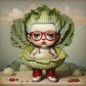 Może przedstawiać: Fantazyjna ilustracja osoby w kostiumie z kapusty. Osoba ma czerwone okulary, czerwone buty i białą koszulę w czerwone paski. Kapusta jest zielona i ma liściastą fakturę. Tło to jasnoniebieskie niebo z białymi chmurami.