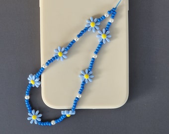 Blue cell phone pendant with flower beads / cell phone chain spring