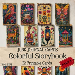 Afdrukbare kleurrijke verhalenboek Junk Journal-kaarten, grillige volkssprookjes ATC-kaarten, aquarel bos ephemera, scrapbooking papier ambacht