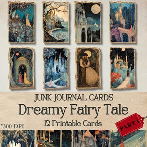 Cartões de diário de contos de fadas vintage, cartões ATC de floresta de fantasia, colagens de castelos para impressão, cartões efêmeros, artesanato em papel para scrapbooking