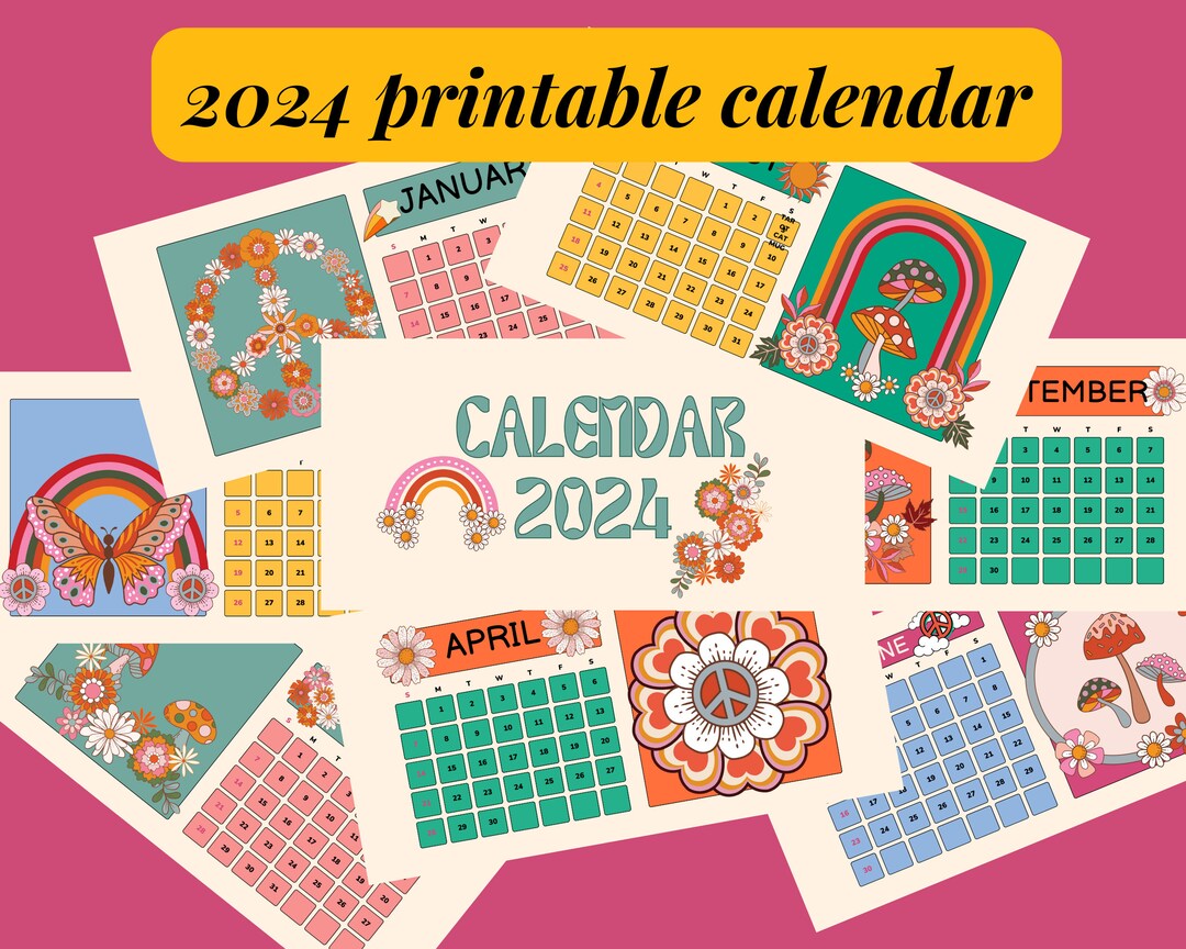 Printable Hippie Calendar 2024 PDF Downloadable Retro Etsy