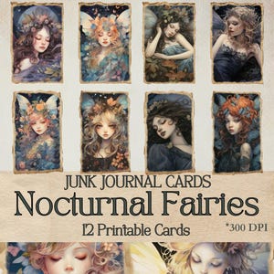 Nachtelijke feeën Junk Journal-kaarten, Whimsygoth Fairy Ephemera-kaarten, donkere romantische collageprintables, aquarelfee Paper Craft