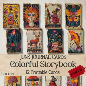 Afdrukbare kleurrijke verhalenboek Junk Journal-kaarten, aquarel Woodland ATC-kaarten, grillige volkssprookjes, ephemera, scrapbooking papers