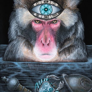 Carte postale « La pleine conscience, c'est lâcher prise avec le passé », peinture acrylique « Singe-Cancer »
