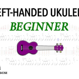 May include: A purple ukulele with a white background and music notation for a beginner left-handed ukulele lesson. The text "LEFT-HANDED UKULELE BEGINNER" is at the top of the image. The text "LET'S MUSICISE" is at the bottom of the image.