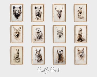 Woodland Animal Gallery Set of 12, Vintage Style Painting, European Forest Wildlife, Printable Bundle, Cottage Decor, Farmhouse Wall Art