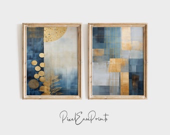 Set of 2 Prints in Gold And Blue, Modern Home Decor, Floral Wall Art, Instant Digital Download