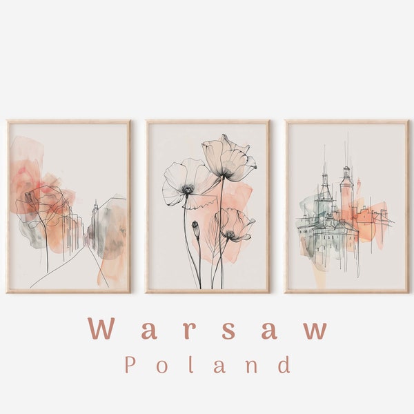 PRINTABLE Set of 3, Warm Neutral Tones Poppy Flower Wall Art, Modern Minimalist Decor, Warsaw Castle Set, Poland Art Set, Digital Download