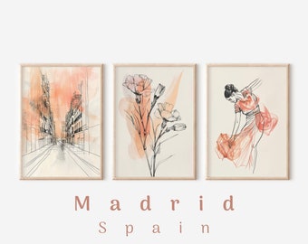 Lot de 3 à imprimer, art mural flamenco tons neutres chauds, décoration minimaliste moderne, ensemble floral Madrid, impression oeillets, téléchargement numérique