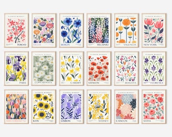 Flower Market Prints Bundle, Gallery Wall Set, Colourful Botanical Wall Art, Flower Market Poster Set Of 18 Prints, Instant Digital Download
